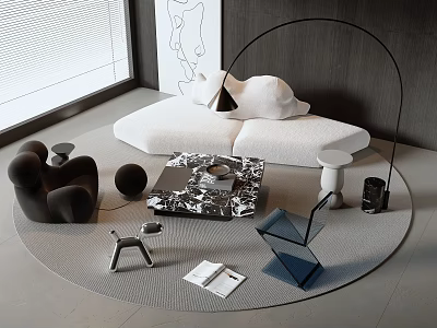 Modern Living Room Interior With White Sofa And Marble Coffee Table Set On Round Rug 3d model