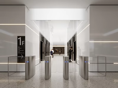 Modern Elevator Lobby With 1F Signage Silver Turnstiles White Walls Gray Flooring And Elevator Doors 3d model