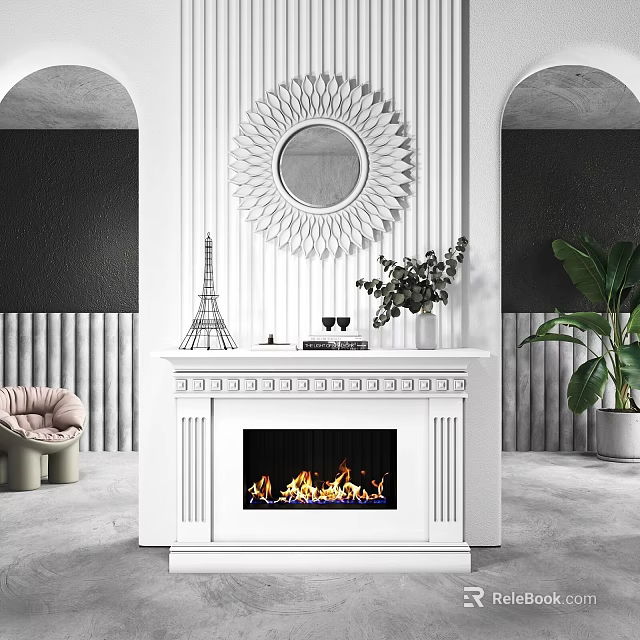 White Fireplace with Decorative Mirror Eiffel Tower Model Green Plant and Vertical Striped Accent Wall 3d model 