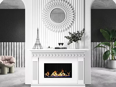White Fireplace with Decorative Mirror Eiffel Tower Model Green Plant and Vertical Striped Accent Wall 3d model