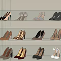 Fashionable High Heel Shoes in Various Styles and Colors on Glass Display Shelves