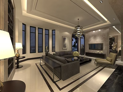 Elegant Spacious Modern Living Room With Comfortable Sofa Large Windows Marble Floor And Stylish Lighting 3d model