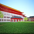 Traditional Building Exterior Wall With Yellow Roof Red Decorations And Multi Story Design Near Green Lawn Trees