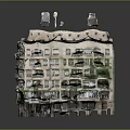Unique Architectural Landscape With Multi Floor Building Model Balconies Green Base And Top Sculptures