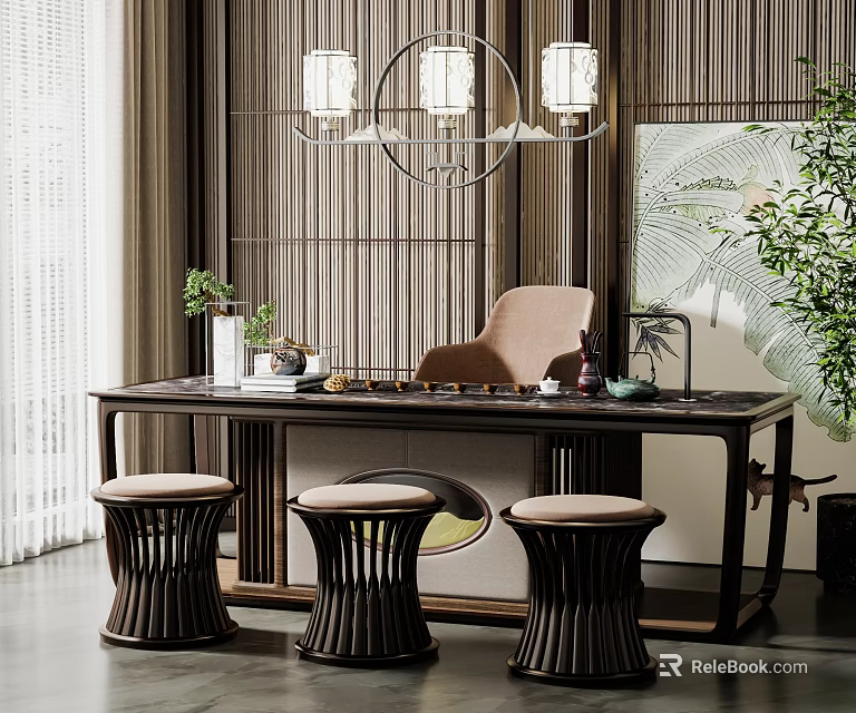 Elegant Chinese Style Tea Table and Chairs with Wooden Stools Pendant Light and Green Plants 3d model 