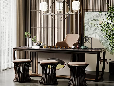 Elegant Chinese Style Tea Table and Chairs with Wooden Stools Pendant Light and Green Plants 3d model