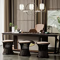 Elegant Chinese Style Tea Table and Chairs with Wooden Stools Pendant Light and Green Plants