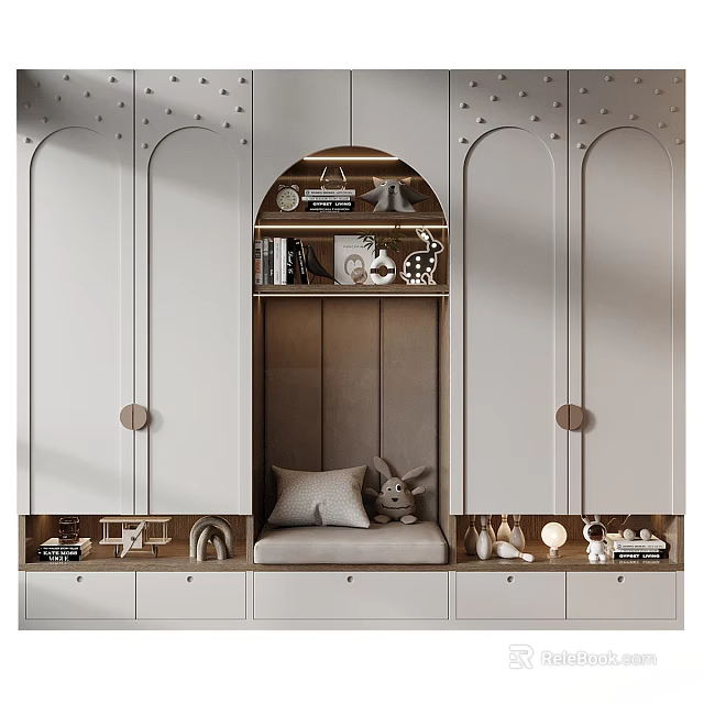 Modern Arched Wardrobe Design With Open Storage Seating Area And Decorative Items 3d model