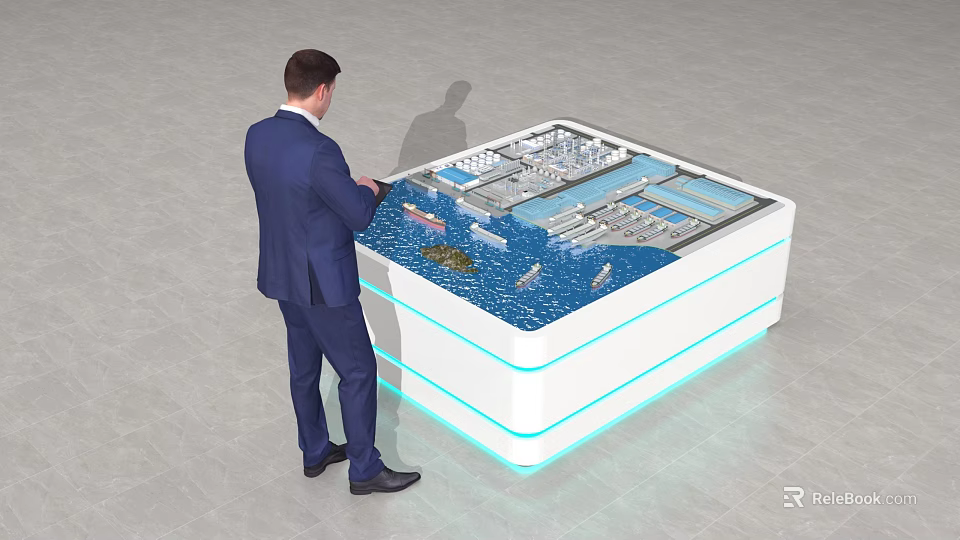 Man In Blue Suit Interacting With Ship Model Featuring Port Structure And Water Area 3d model 