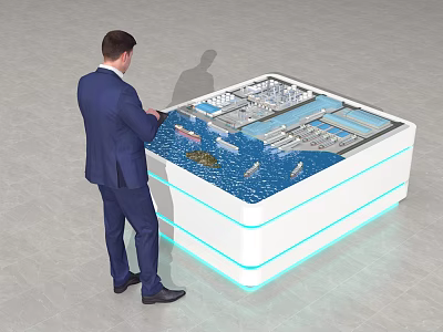 Man In Blue Suit Interacting With Ship Model Featuring Port Structure And Water Area 3d model