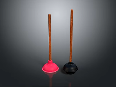 Pink And Black Household Plungers With Wooden Handles For Bathroom Cleaning 3d model
