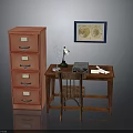 Home Office Furniture with Wooden Desk Red Filing Cabinet Chair Table Lamp and Framed Map