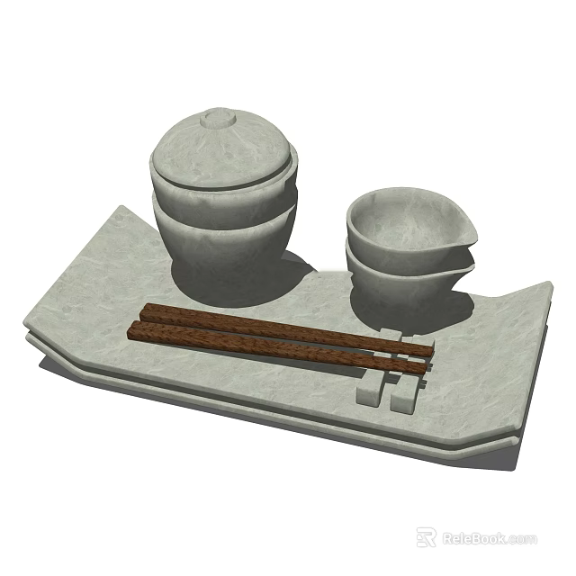 Natural Stone Tableware Set With Lidded Jar Bowl Chopsticks And Tray 3d model 