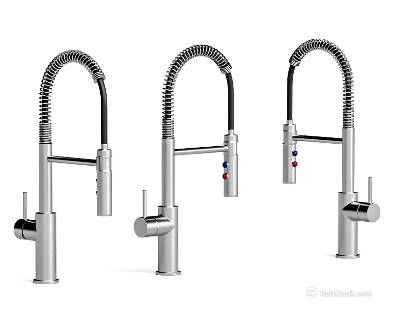 Three Different Modern Kitchen Faucets with Stainless Steel Body and Flexible Hose 3d model 