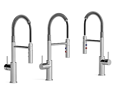 Three Different Modern Kitchen Faucets with Stainless Steel Body and Flexible Hose 3d model