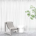 Modern Gray Leisure Chair With White Side Table Green Plant And White Vertical Striped Curtains