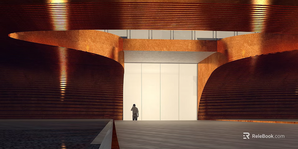 Modern Entrance Gate With Curved Copper Colored Panels And Soft Lighting Effects Nearby Standing Person 3d model 