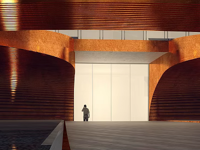 Modern Entrance Gate With Curved Copper Colored Panels And Soft Lighting Effects Nearby Standing Person 3d model