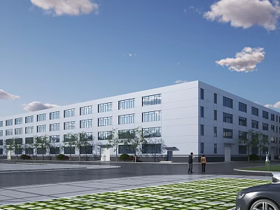 Modern Industrial Factory Building With White Exterior Large Glass Windows And Green Lawn Area 3d model
