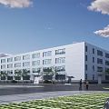Modern Industrial Factory Building With White Exterior Large Glass Windows And Green Lawn Area