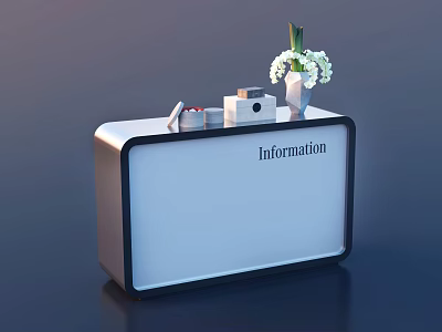 Modern Reception Desk With Information Sign Flower Vase And Decorative Items 3d model