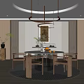 Elegant Private Dining Room Interior With Round Table Wooden Chairs Hanging Lights And Decorative Painting