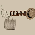 Wooden Wall Hook With Straw Hat Beige Striped Tote Bag And Green Leaf Branch