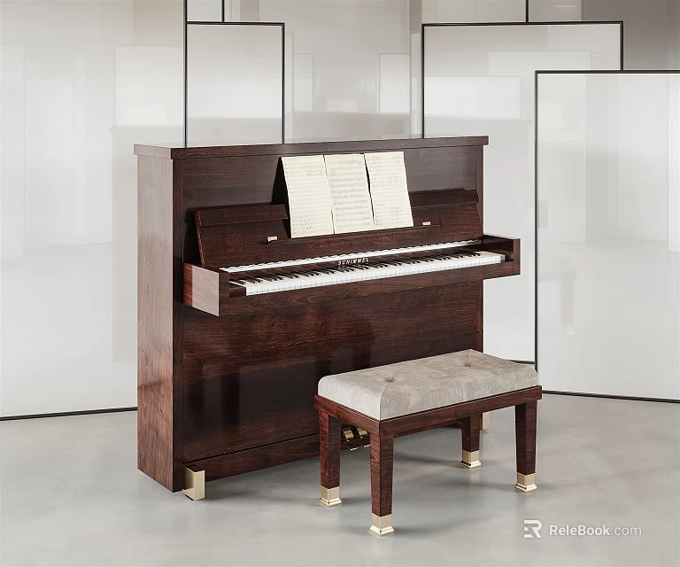 Elegant Brown Wooden Upright Piano With Sheet Music And Upholstered Bench In Modern Room Setting 3d model 