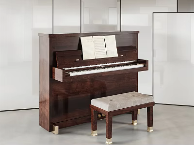 Elegant Brown Wooden Upright Piano With Sheet Music And Upholstered Bench In Modern Room Setting 3d model