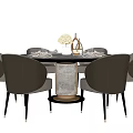 Elegant Round Dining Table Set With Light Gray Chairs Gold Base And Floral Centerpiece 3d model