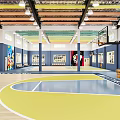 Indoor Basketball Court With Graffiti Walls Basketball Hoop Scoreboard Wooden Flooring And Colorful Ceiling Beams