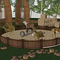 Park Landscape With Circular Wooden Fence Deer Sculptures Palm Trees And Green Grass