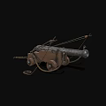 Ancient Historical Cannon Weapon Featuring Wooden Carriage Metal Barrel Wheels And Ropes