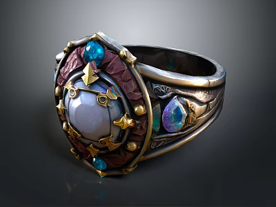 Decorative Ring With Pearl Center And Colorful Gemstones Engraved Metal Band 3d model