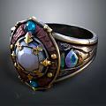 Decorative Ring With Pearl Center And Colorful Gemstones Engraved Metal Band