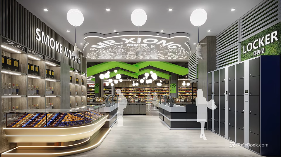 Mr Xiong Supermarket Interior With Smoke White Lighting Shelves Customers And Checkout Counter 3d model 