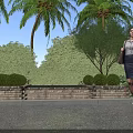 Woman Carrying Bag Walking Outdoors With Palm Trees Green Trees And Bench