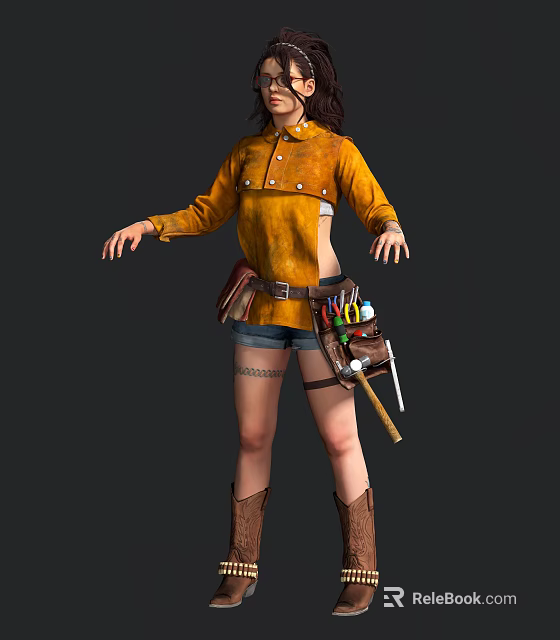 Game Movie Character In Yellow Buttoned Jacket And Shorts With Leg Tattoos Tool Belt Boots 3d model 