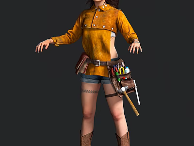 Game Movie Character In Yellow Buttoned Jacket And Shorts With Leg Tattoos Tool Belt Boots 3d model