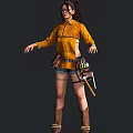 Game Movie Character In Yellow Buttoned Jacket And Shorts With Leg Tattoos Tool Belt Boots