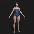 Woman Wearing Blue One Piece Swimsuit with Short Hair Sunglasses and Sandals on Black Background