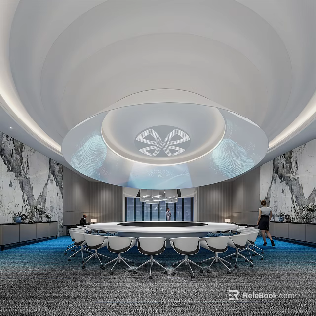 Modern Conference Room With Round Meeting Table White Chairs Unique Ceiling Light And Marble Wall 3d model 