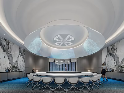 Modern Conference Room With Round Meeting Table White Chairs Unique Ceiling Light And Marble Wall 3d model