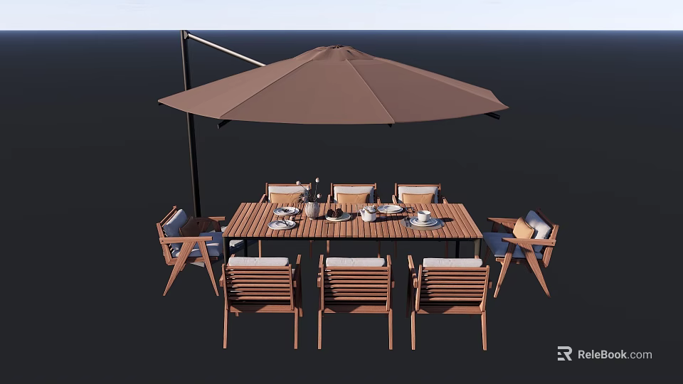 Garden Landscape Outdoor Dining Space With Wooden Table Chairs And Sunshade Umbrella 3d model 