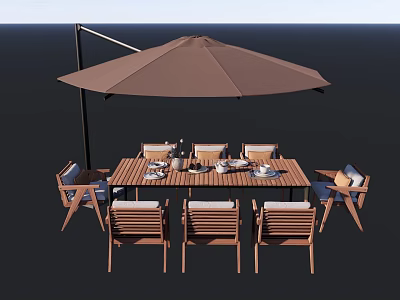 Garden Landscape Outdoor Dining Space With Wooden Table Chairs And Sunshade Umbrella 3d model