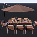Garden Landscape Outdoor Dining Space With Wooden Table Chairs And Sunshade Umbrella