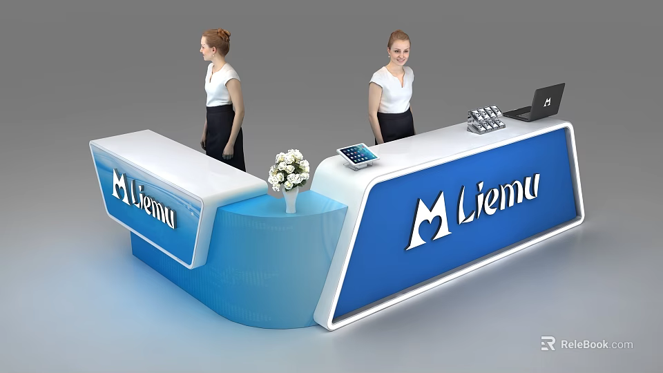Modern Liemu Blue Reception Desk With Flower Calculator Laptop And Staff 3d model 