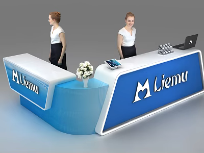 Modern Liemu Blue Reception Desk With Flower Calculator Laptop And Staff 3d model