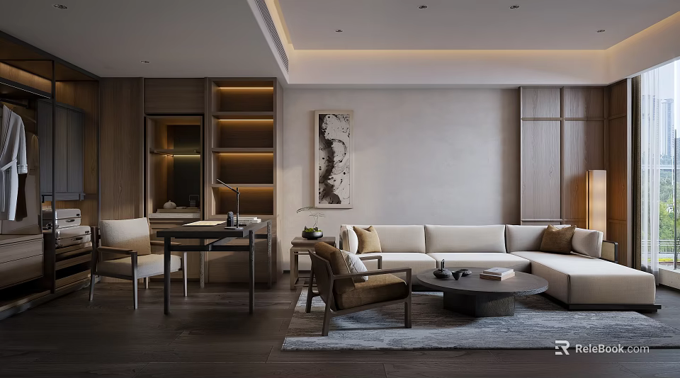 Hotel Guest Room Modern Interior With Sofa Armchair Coffee Table Wooden Desk Shelf And Decorative Painting 3d model 