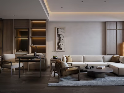 Hotel Guest Room Modern Interior With Sofa Armchair Coffee Table Wooden Desk Shelf And Decorative Painting 3d model